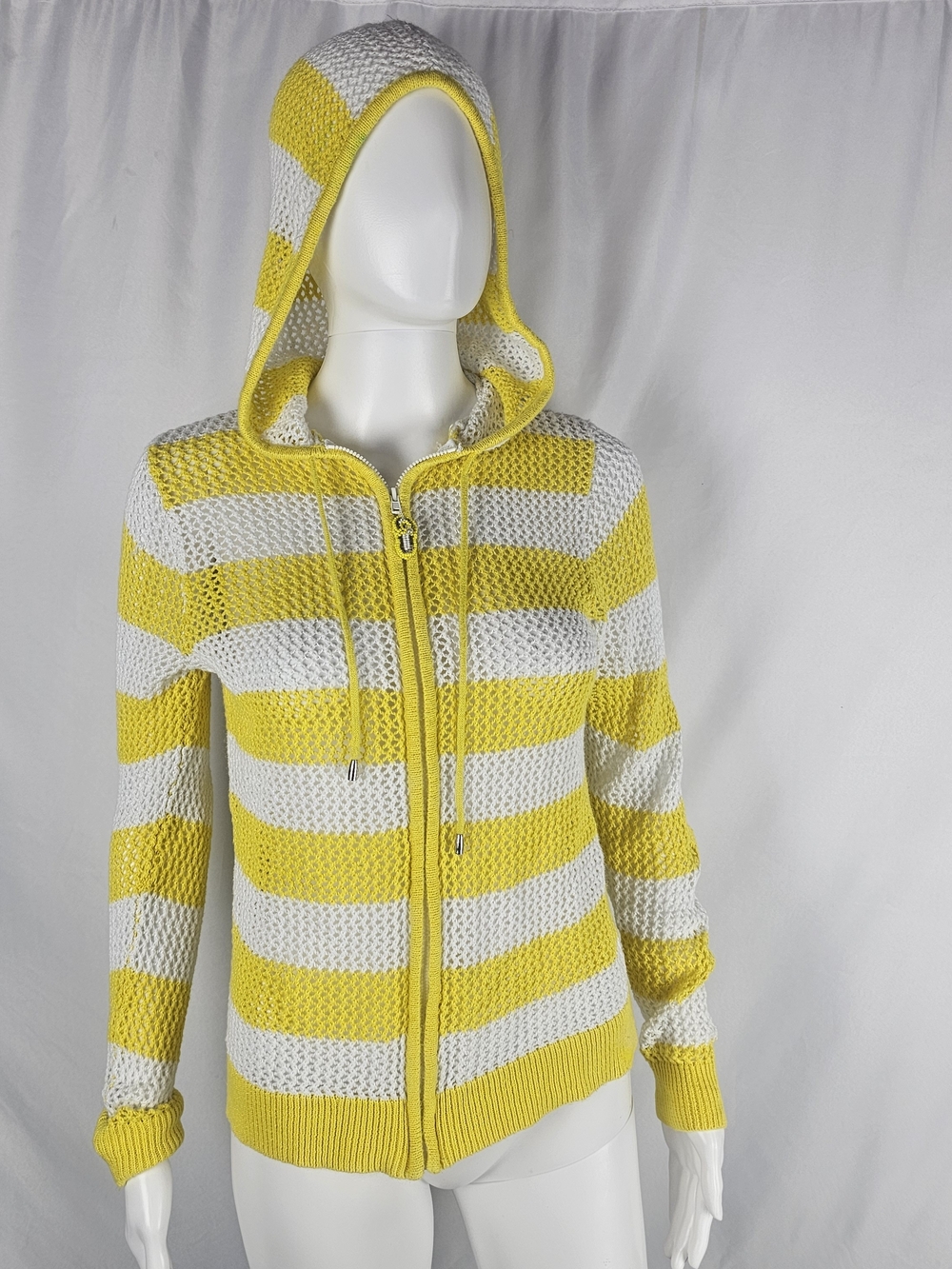 Quacker Factory Bright Yellow & White Open-Knit Hooded Zip Sweater